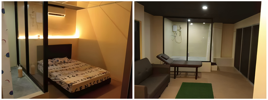 Private massage room with queen-sized bed, warm ambient lighting, and glass partition for privacy and comfort.
